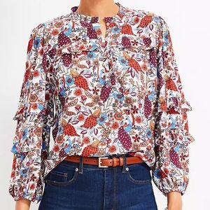 LOFT Peacock Ruffle Gold Button Floral Print Women's Blouse Size Small